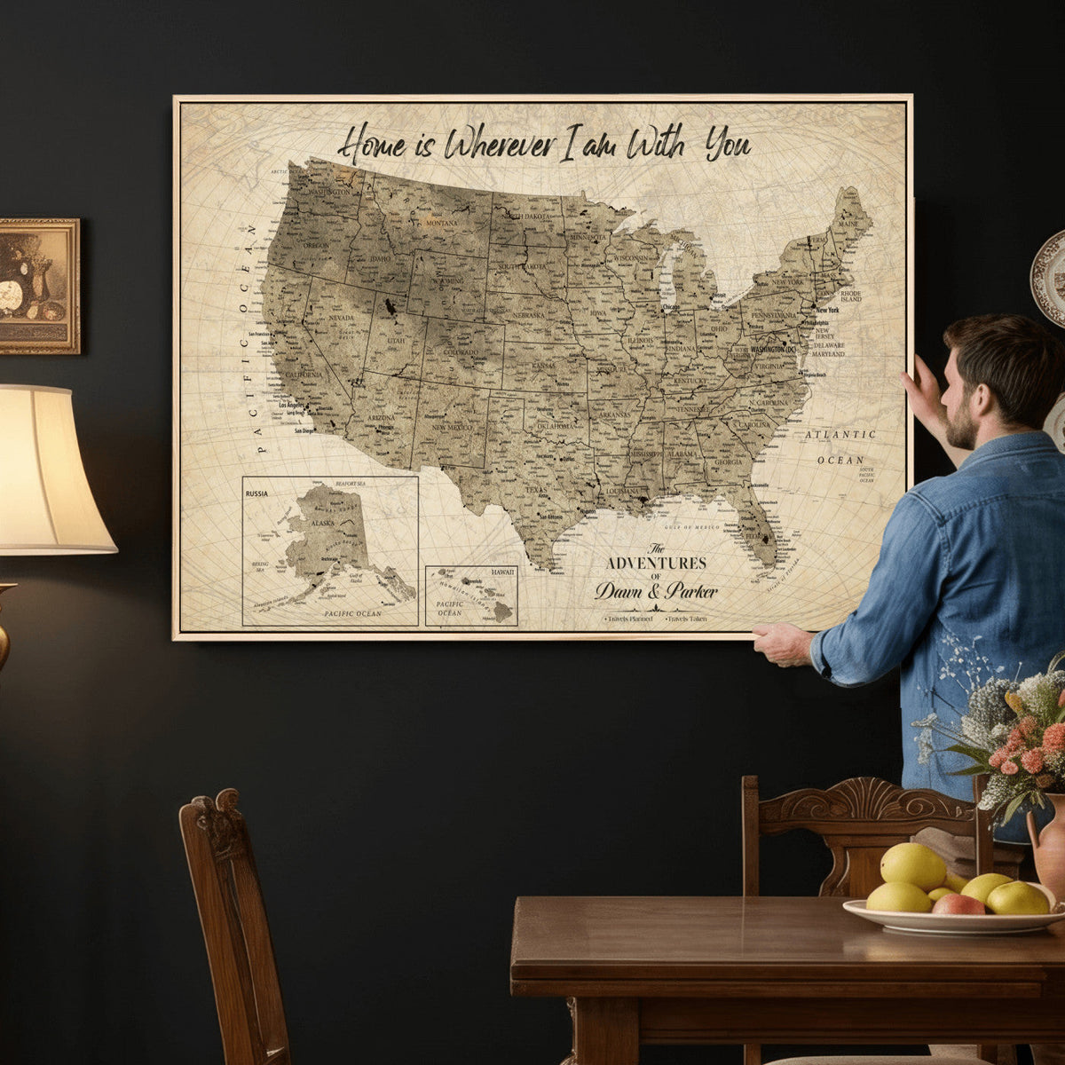 25440520-MGV-CV-36X24 - Detailed Personalized Push Pin United States Map Wall Art, States Visited Map, Office and Hallway Decor
