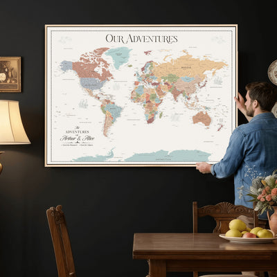 Personalized Framed Navy Push Pin World Map Canvas Print, Next Trip Planner Map, Living Room and Entryway Decor