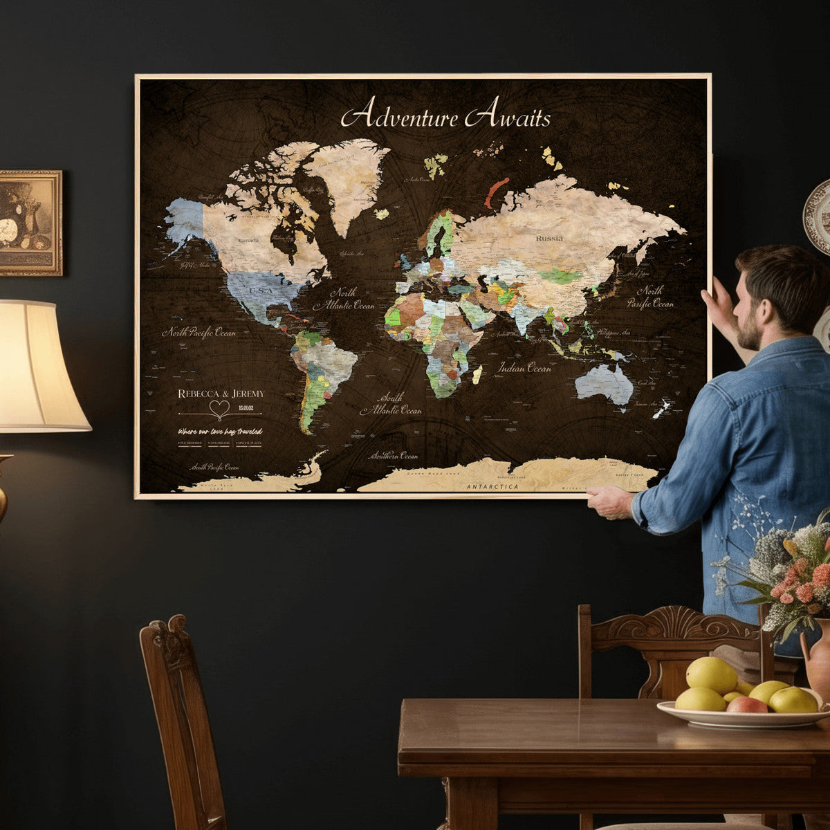 95753799-MGV-CV-36X24 - Custom Push Pin World Map Canvas Print | Personalized Travel Map Wall Art