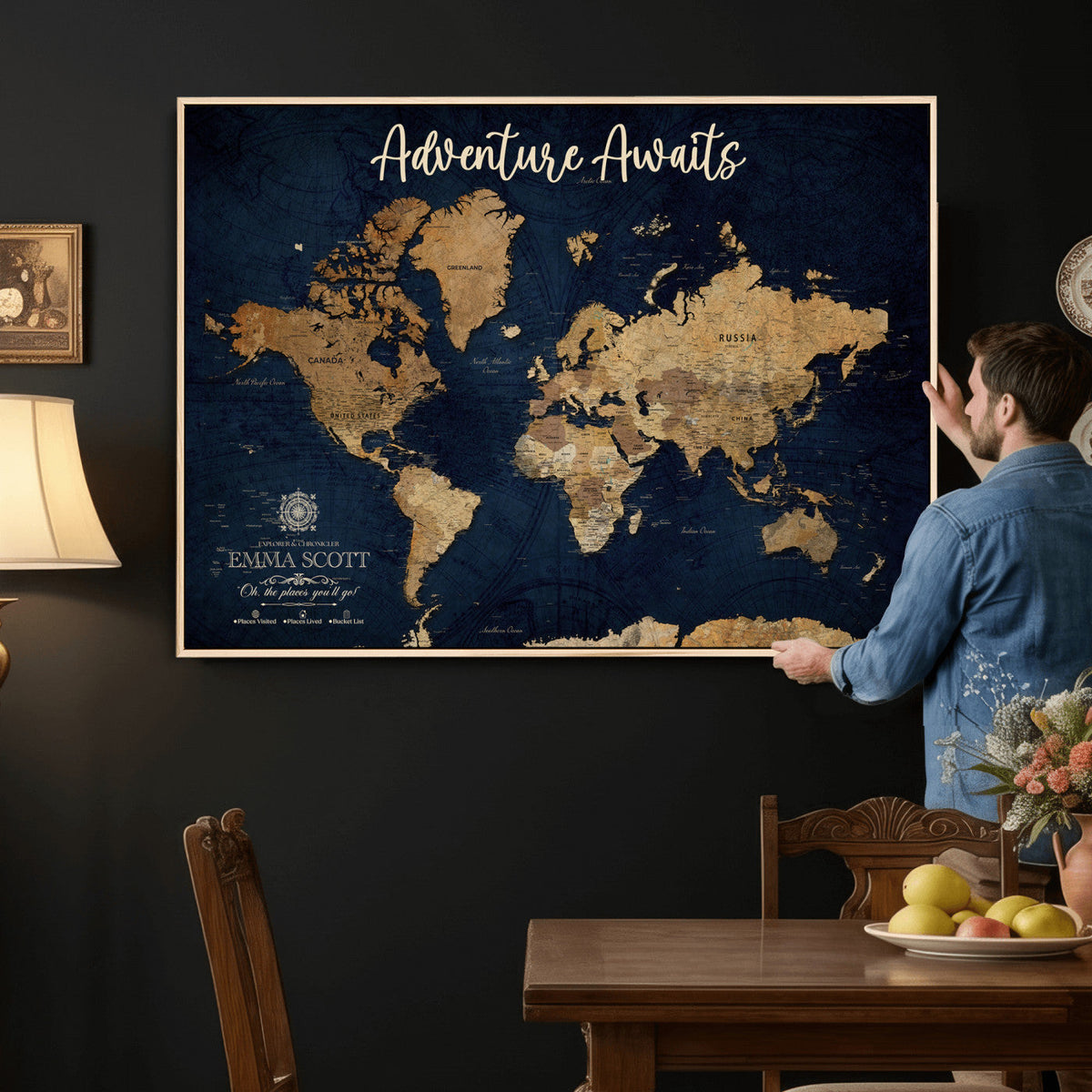 44399597-MGV-CV-36X24 - Custom Push Pin World Map Canvas Print | Personalized Travel Map Wall Art