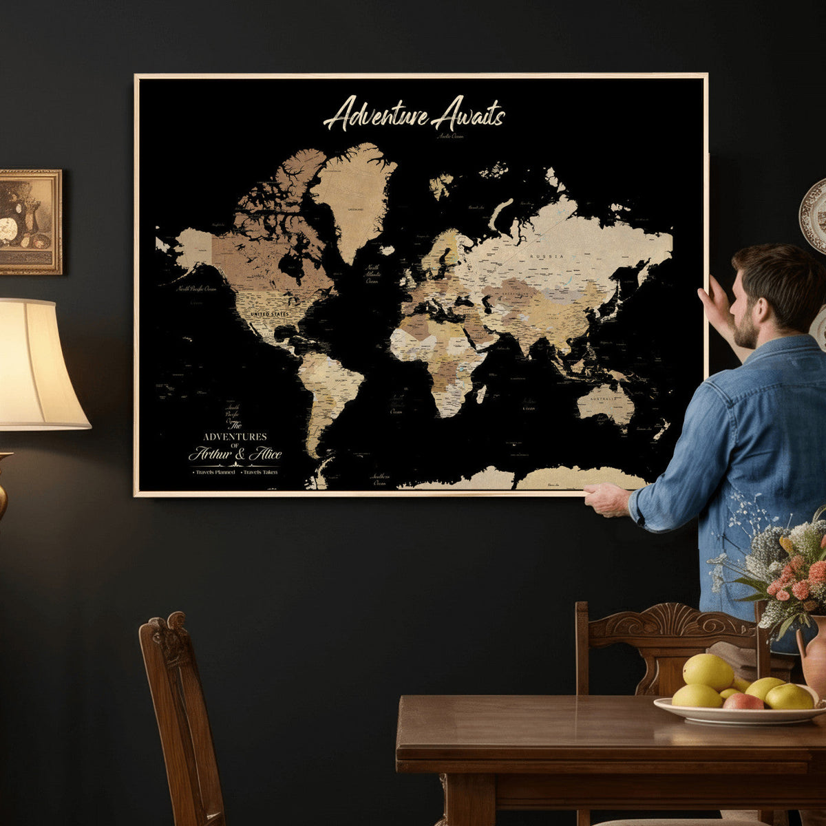 88415067-MGV-CV-36X24 - Custom Push Pin World Map Canvas Print | Personalized Travel Map Wall Art