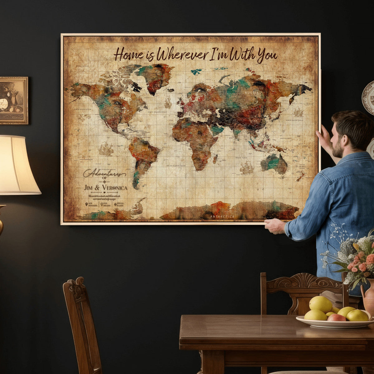48389322-MGV-CV-36X24 - Custom Push Pin World Map Canvas Print | Personalized Travel Map Wall Art