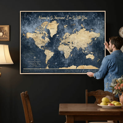 400867BL-MGV-CV-36X24 - Framed Blue Custom Push Pin World Map Canvas Print | Personalized Travel Map Wall Art