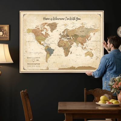 40086165-MGV-TP-30X20 - Framed Vintage Custom Push Pin World Map Canvas Print | Personalized Travel Map Wall Art