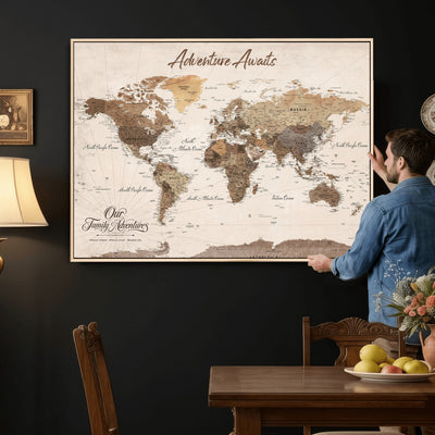 84865191-MGV-CV-36X24 - Our Family Adventures Push Pin World Map Wall Art Canvas Print - Family Travel Tracker Map with Pins