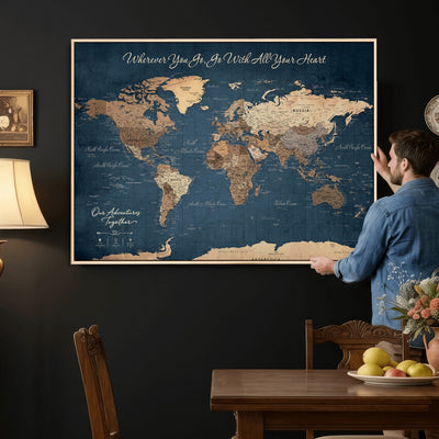 86810631-MGV-CV-36X24 - Our Family Adventures Push Pin World Map Wall Art Canvas Print - Family Travel Tracker Map with Pins