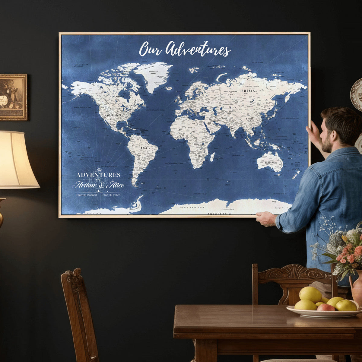 75405527-MGV-CV-36X24 - Extra Large Framed Personalize Push Pin World Map Wall Art Canvas Print for Travel Tracking - NEWMAP-113A