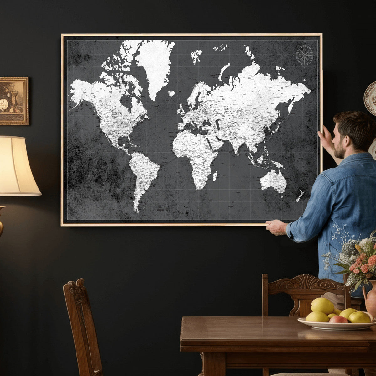 78574966-MGV-CV-36X24 - Extra Large Framed Personalize Push Pin World Map Wall Art Canvas Print for Travel Tracking - NEWMAP-128