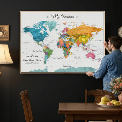 66743043-MGV-CV-36X24 - Extra Large Framed Personalize Push Pin World Map Wall Art Canvas Print for Travel Tracking - NEWMAP-131