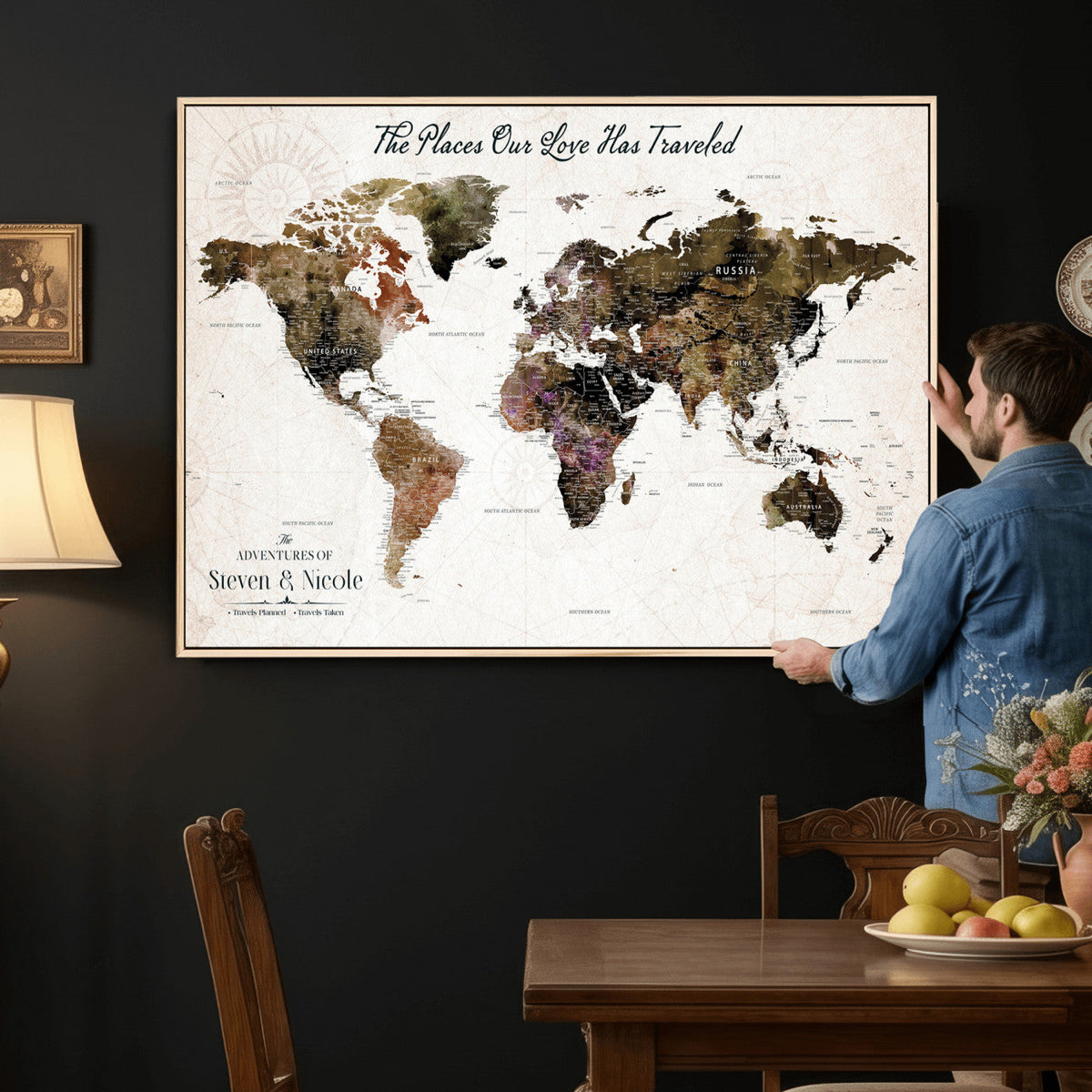 18074626D3D-MGV-CV-36X24 - Extra Large Framed Personalized Push Pin World Map Wall Art Canvas Print for Travel Tracking