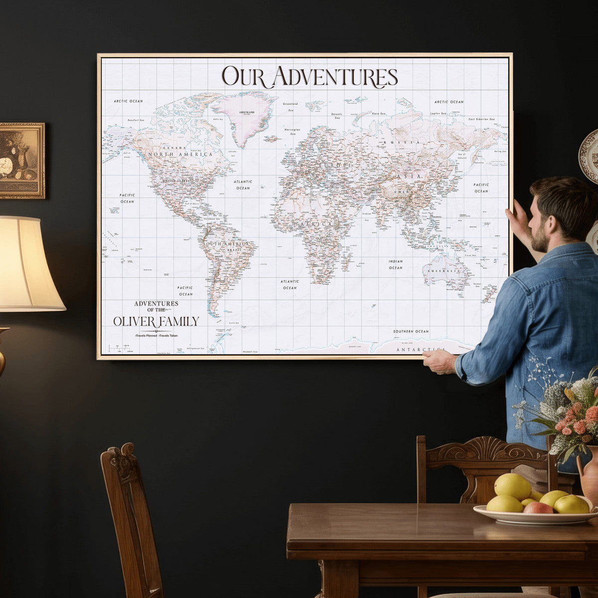 18074626D3DD-MGV-CV-36X24 - Extra Large Framed Personalized Push Pin World Map Wall Art Canvas Print for Travel Tracking