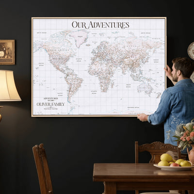 18074626D3DD-MGV-CV-36X24 - Extra Large Framed Personalized Push Pin World Map Wall Art Canvas Print for Travel Tracking