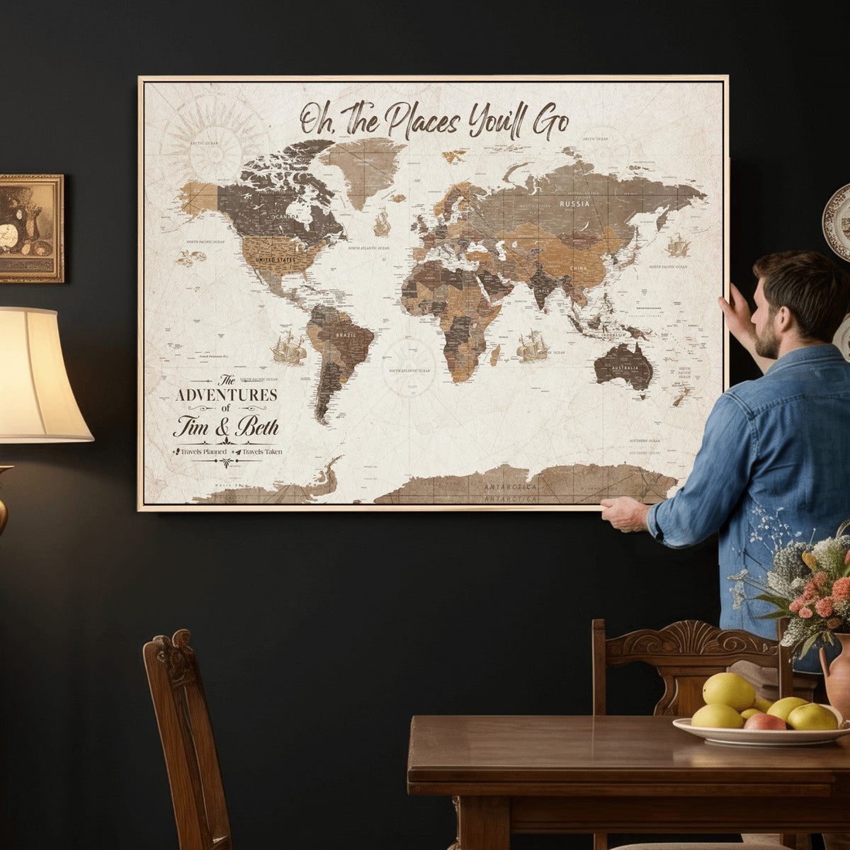 Personalized Beige Geometric Family Push Pin World Map Canvas Print, Honeymoon and Anniversary Gift, Living Room and Study Decor