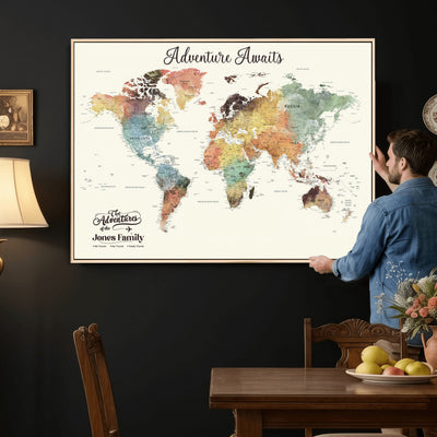 Personalized Framed Beige Modern Push Pin Travel Map Canvas Print, Family Travel Tracker, Bedroom and Home Office Decor