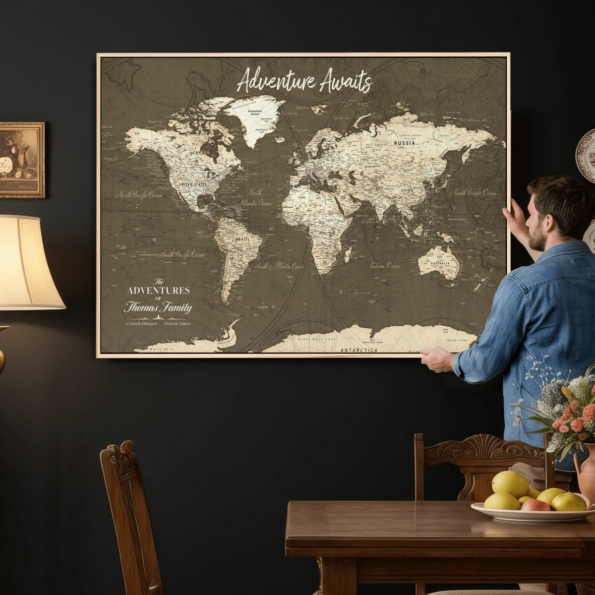 Personalized White Modern World Travel Map Wall Art with Pins, Honeymoon and Anniversary Gift, Living Room and Dining Room Decor