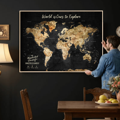 Personalized Beige Push Pin Travel Map Canvas Print, Family Travel Tracker, Bedroom and Entryway Decor