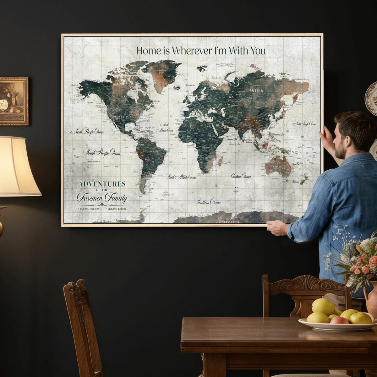 Personalized Framed Beige Push Pin Travel Map Canvas Print, Family Travel Tracker, Home Office and Hallway Decor