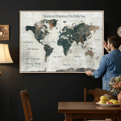 Personalized Framed Beige Push Pin Travel Map Canvas Print, Family Travel Tracker, Home Office and Hallway Decor