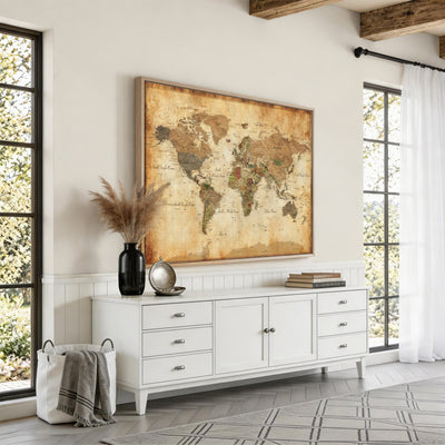 26621467D-MGV-CV-36X24 - Custom Push Pin World Map Wall Art Canvas Print – Personalized Travel Tracker with Pins Framed Large for Home and Office Decor