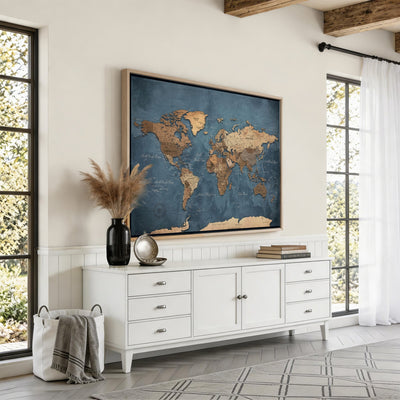 81949666D-MGV-CV-36X24 - Custom Push Pin World Map Wall Art Canvas Print – Personalized Travel Tracker with Pins Framed Large for Home and Office Decor