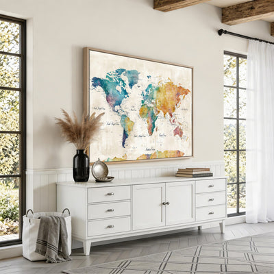 53654999D-MGV-CV-36X24 - Custom Push Pin World Map Wall Art Canvas Print – Personalized Travel Tracker with Pins Framed Large for Home and Office Decor