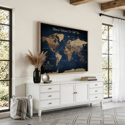 57774467D-MGV-CV-36X24 - Custom Push Pin World Map Wall Art Canvas Print – Personalized Travel Tracker with Pins Framed Large for Home and Office Decor
