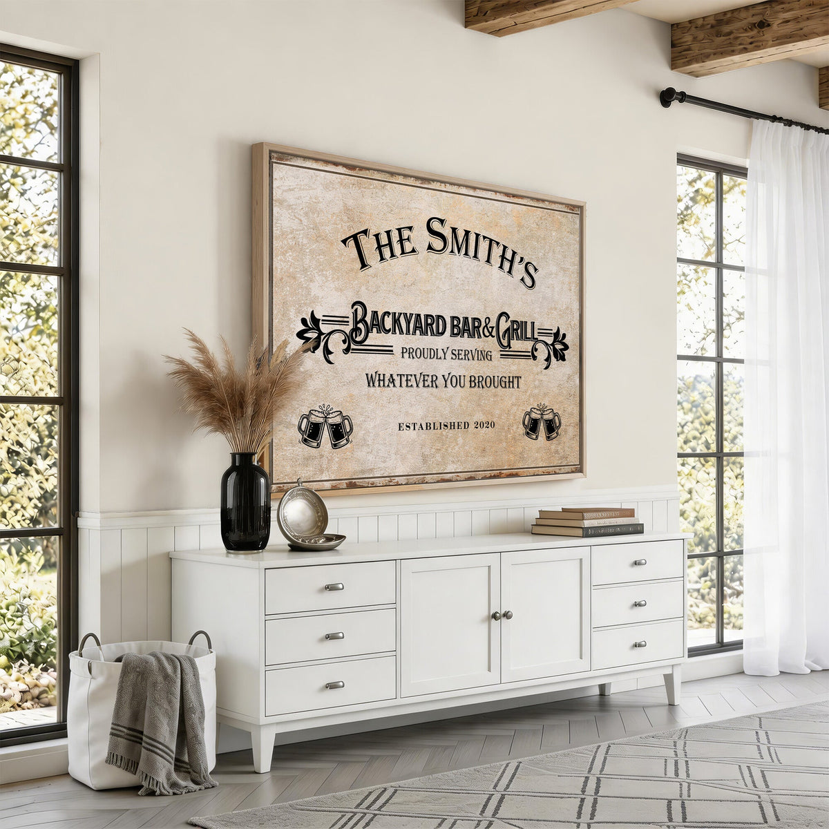Custom Backyard Bar & Grill Sign, Personalized Family Name Arch Canvas