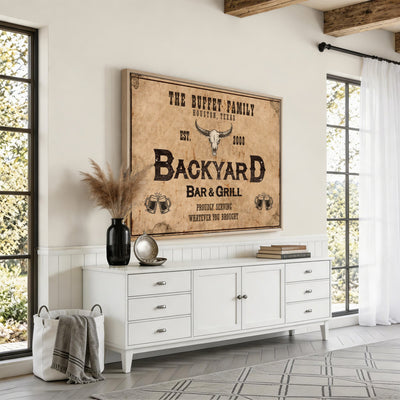 Custom Backyard Bar & Grill Sign Canvas, Personalized Family Name Sign