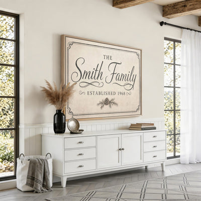 Pine cone established family sign, wall view