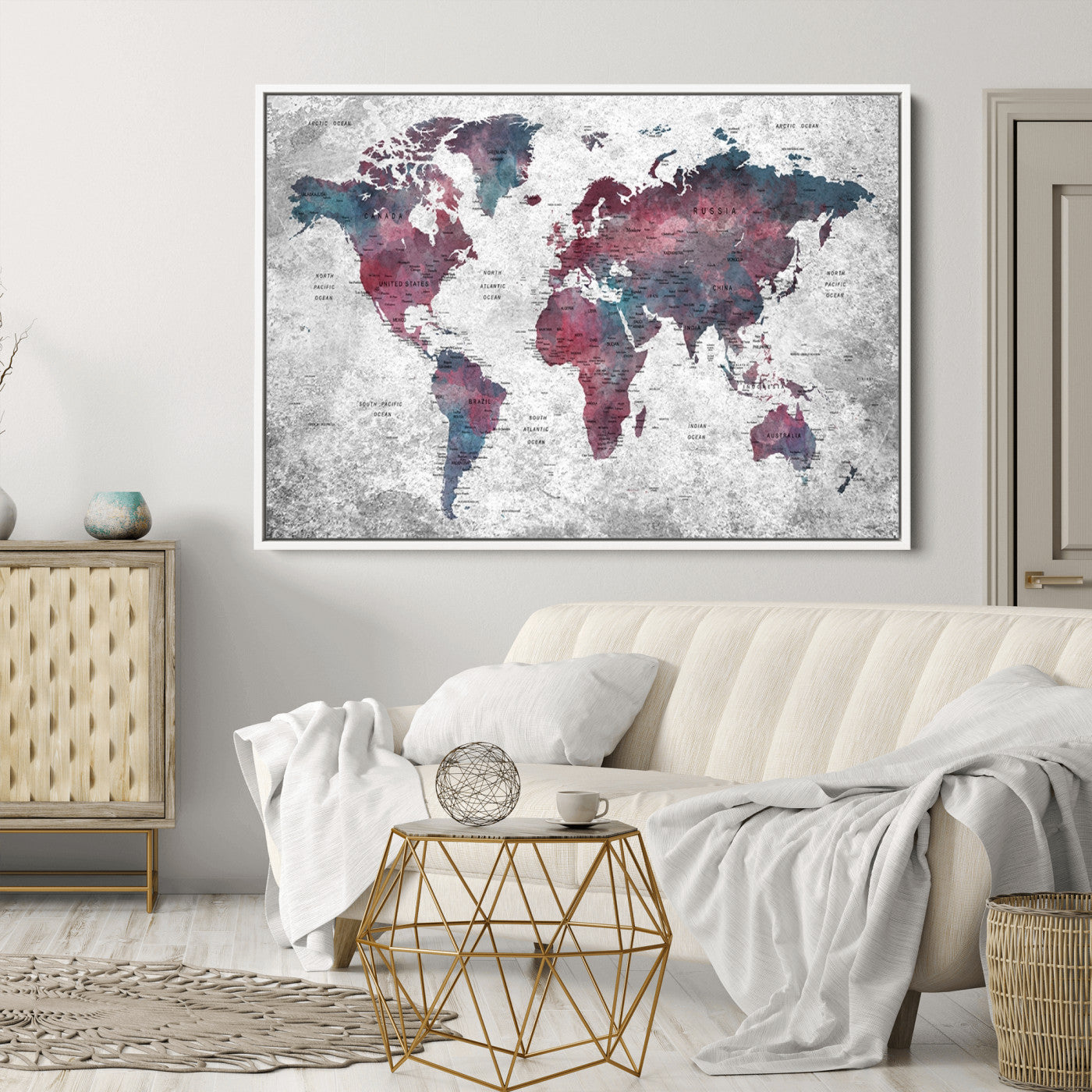 Push Pin World Map Canvas Print – Framed Wall Art for Couples to Track Their Travels – Anniversary Gift or Home Adventure Decor