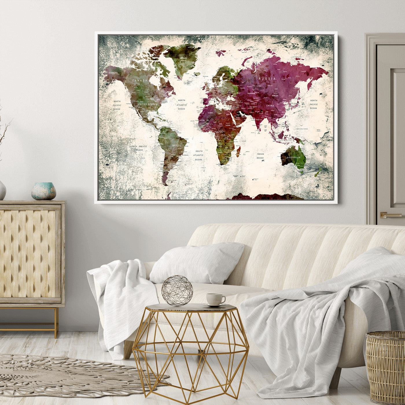 Push Pin World Map Canvas Print – Framed Wall Art for Couples to Track Their Travels – Anniversary Gift or Home Adventure Decor