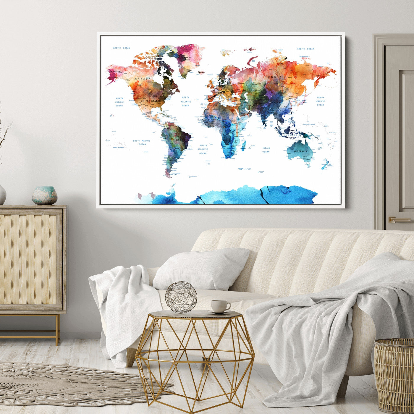 Push Pin World Map Canvas Print – Framed Wall Art for Couples to Track Their Travels – Anniversary Gift or Home Adventure Decor