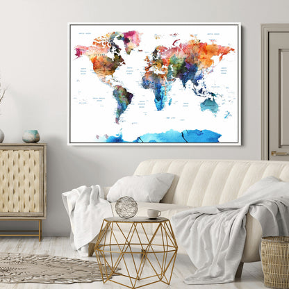 Push Pin World Map Canvas Print – Framed Wall Art for Couples to Track Their Travels – Anniversary Gift or Home Adventure Decor