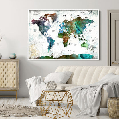 Push Pin World Map Canvas Print – Framed Wall Art for Couples to Track Their Travels – Anniversary Gift or Home Adventure Decor