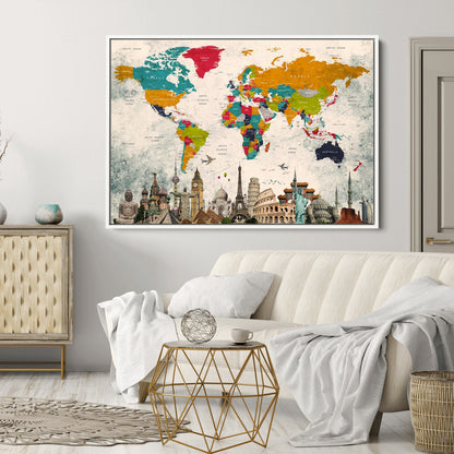 Push Pin World Map Canvas Print – Framed Wall Art for Couples to Track Their Travels – Anniversary Gift or Home Adventure Decor