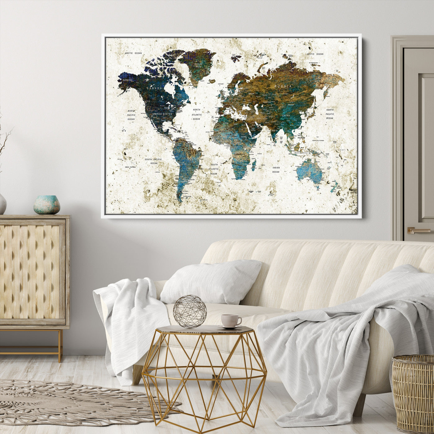 Vintage World Map Wall Art Canvas Print, Framed Rustic Earth Map Art Picture Print, Antique Map Perfect Rustic Vintage Decor Artwork