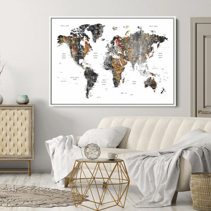 Push Pin World Map Canvas Print – Framed Wall Art for Couples to Track Their Travels – Anniversary Gift or Home Adventure Decor