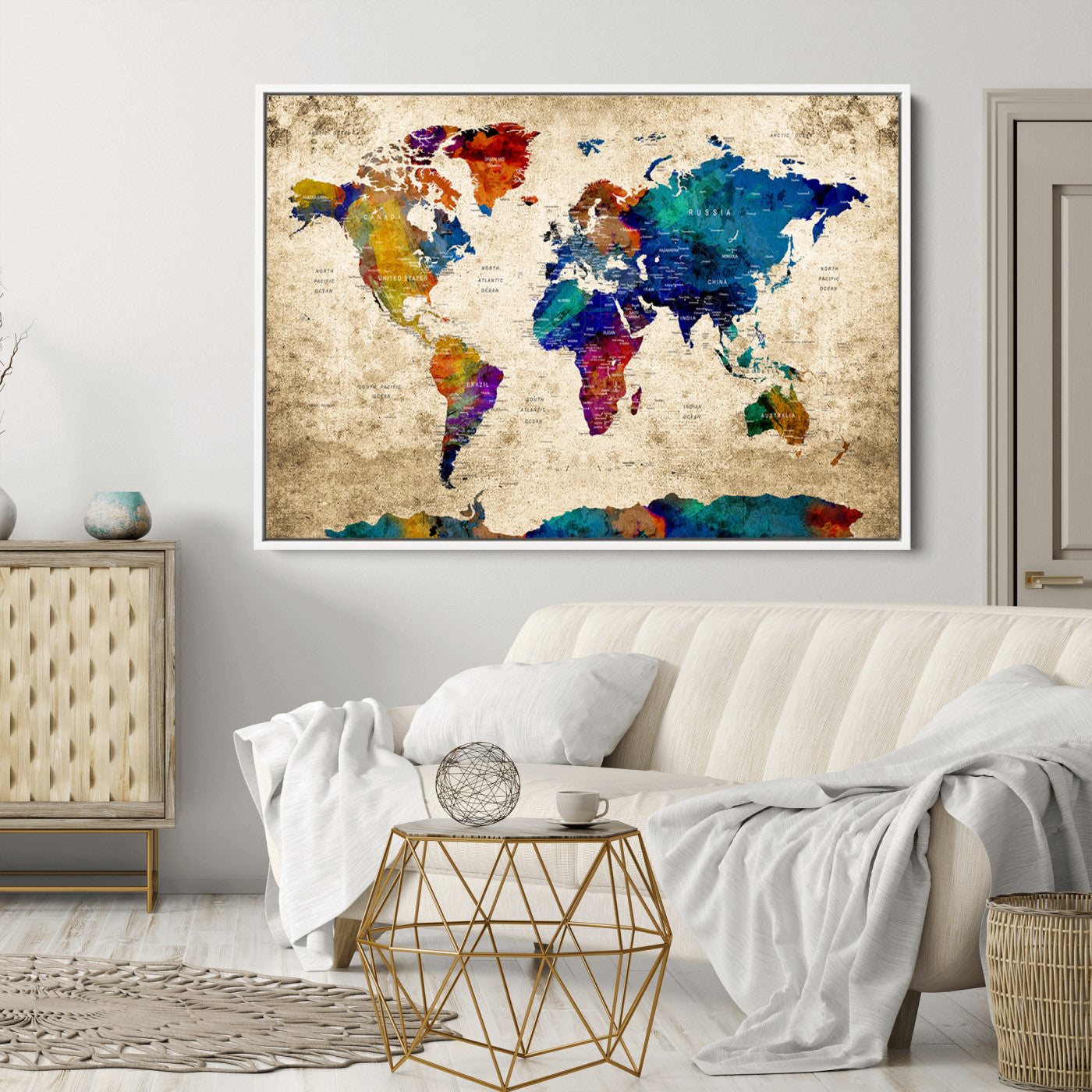 Push Pin World Map Canvas Print – Framed Wall Art for Couples to Track Their Travels – Anniversary Gift or Home Adventure Decor