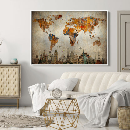 Push Pin World Map Canvas Print – Framed Wall Art for Couples to Track Their Travels – Anniversary Gift or Home Adventure Decor