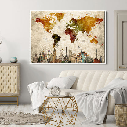Push Pin World Map Canvas Print – Framed Wall Art for Couples to Track Their Travels – Anniversary Gift or Home Adventure Decor