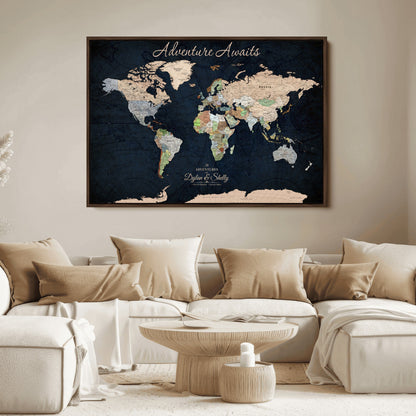 43186793-MGV-CV-30X20-Personalized World Map Print, Customizable Push Pin Framed World Map Print on Canvas - Custom Quote on Map Print
