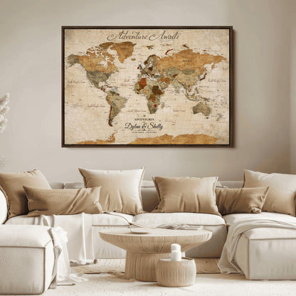 20810820-MGV-CV-30X20-Personalized World Map Print, Customizable Push Pin Framed World Map Print on Canvas - Custom Quote on Map Print