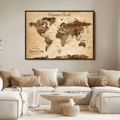 66357947-MGV-CV-36X24-Personalized World Map Print, Customizable Push Pin Framed World Map Print on Canvas - Custom Quote on Map Print