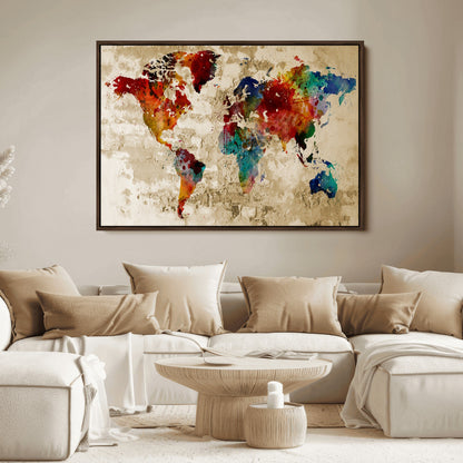 Push Pin World Map Canvas Print – Framed Wall Art for Couples to Track Their Travels – Anniversary Gift or Home Adventure Decor