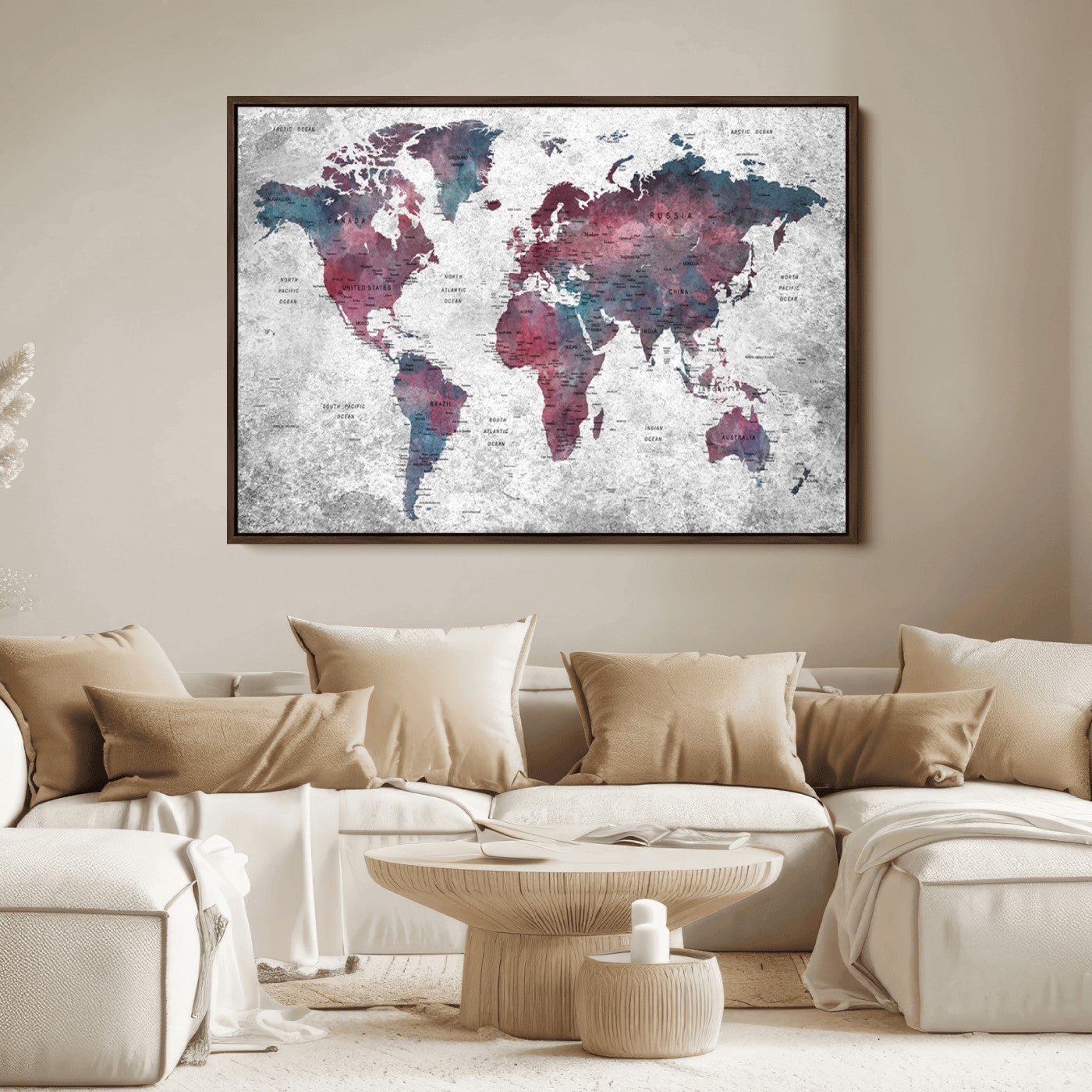 Push Pin World Map Canvas Print – Framed Wall Art for Couples to Track Their Travels – Anniversary Gift or Home Adventure Decor