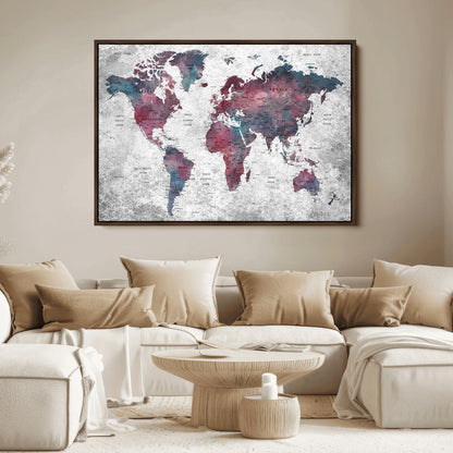 Push Pin World Map Canvas Print – Framed Wall Art for Couples to Track Their Travels – Anniversary Gift or Home Adventure Decor