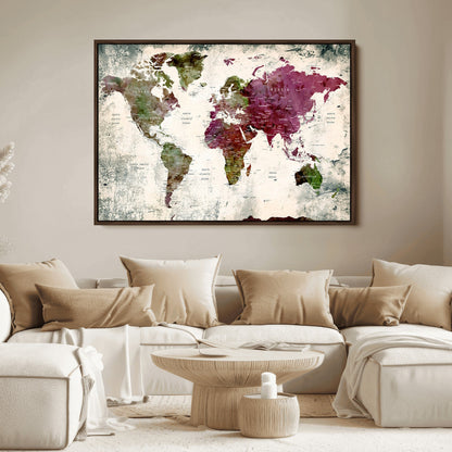 Push Pin World Map Canvas Print – Framed Wall Art for Couples to Track Their Travels – Anniversary Gift or Home Adventure Decor