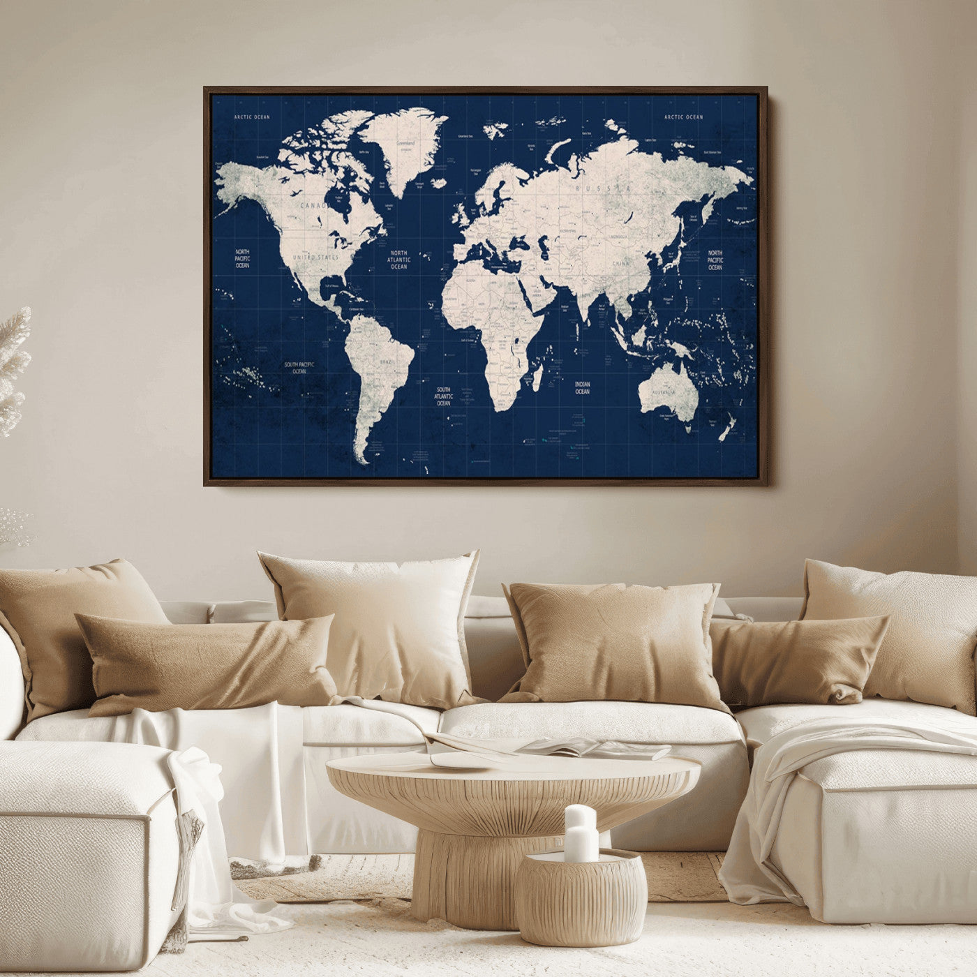 Push Pin World Map Canvas Print – Framed Wall Art for Couples to Track Their Travels – Anniversary Gift or Home Adventure Decor