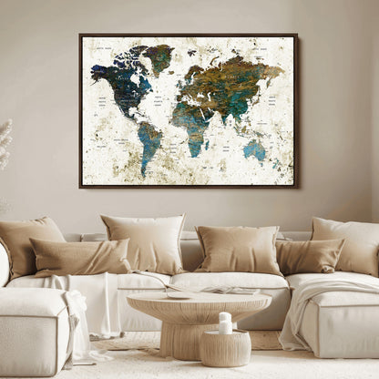Vintage World Map Wall Art Canvas Print, Framed Rustic Earth Map Art Picture Print, Antique Map Perfect Rustic Vintage Decor Artwork
