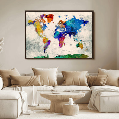 Push Pin World Map Canvas Print – Framed Wall Art for Couples to Track Their Travels – Anniversary Gift or Home Adventure Decor